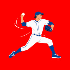 Fototapeta premium Baseball Pitcher Throwing Ball with Power on Red Background Vector Illustration