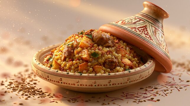 Isometric view of a 3D illustration showcasing a Moroccan tagine bowl filled with colorful couscous and lamb garnished with spices surrounded by blurred cumin seeds and saffron