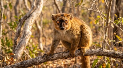 Fototapeta premium A cute brown lemur sitting on a tree branch in a dry forest in madagascar looking at the camera