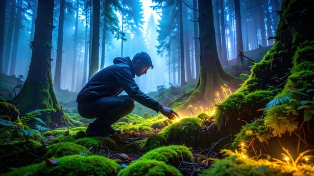 Man in a forest, crouching near glowing moss. Foggy backdrop, mystical atmosphere