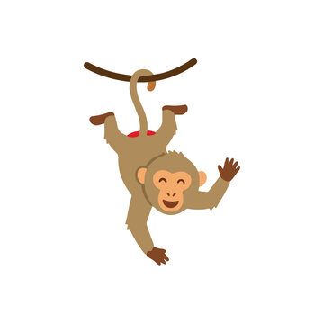 Cute Baby Baboon Hanging Upside Down Vector Illustration, Adorable Playful Monkey Swinging on Branch for Kids Sticker