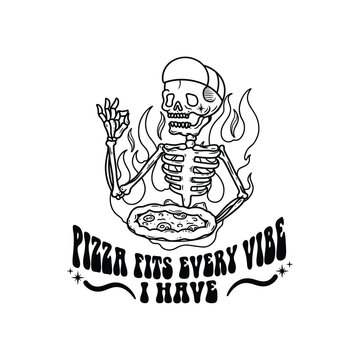 Skeleton character with a backwards cap meditating on fire, holding a whole pizza, vector line art