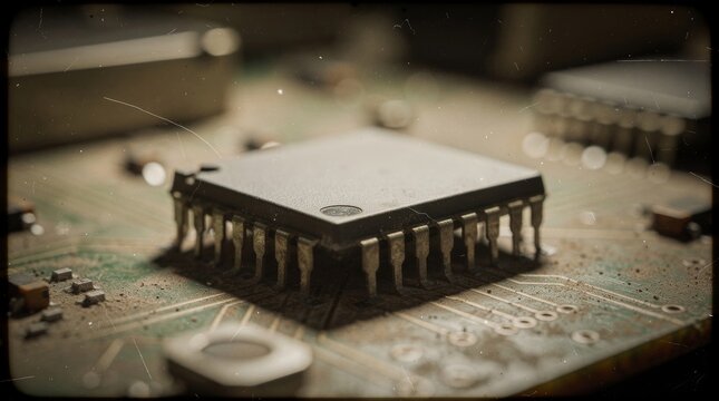 Close up of a vintage computer microchip on a circuit board