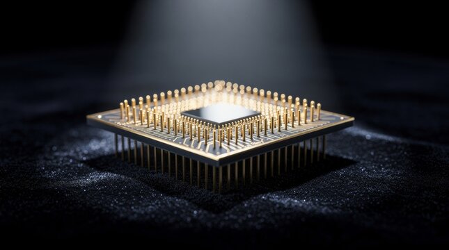 Close-up of a powerful computer processor with gold pins
