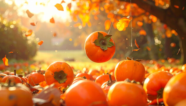 Ripe persimmon fruit harvest in golden autumn sunlight