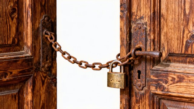 Wooden door with chain and padlock