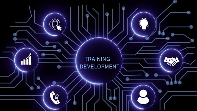 training development concept with circuit lines and digital symbols hovering above a businessman, technology. manufacturing process management all connected in a digital circle like pattern.