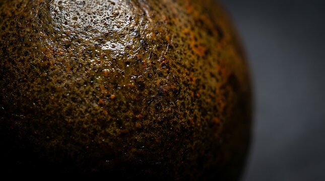 A detailed close-up of a textured borojo fruit skin showing its unique rough surface, organic patterns, and natural dark brown colors in macro focus.