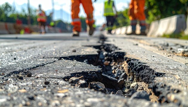 Damaged asphalt road with deep crack and worker crew repairing infrastructure in background