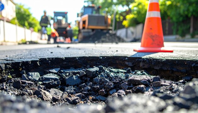 Close-up of a large pothole on an asphalt road with construction equipment in the background