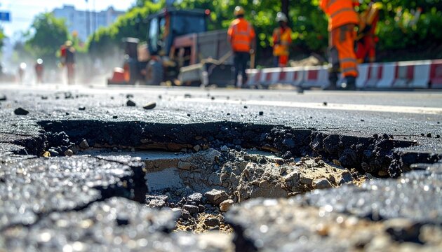 Large pothole on a damaged asphalt road with construction crew working in the background