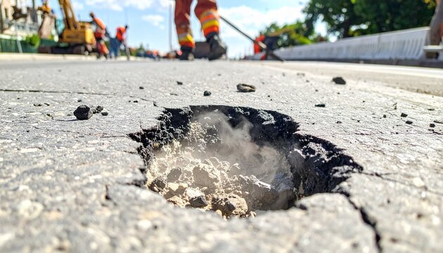 Close-up of a deep pothole on damaged asphalt road with blurred construction workers in background