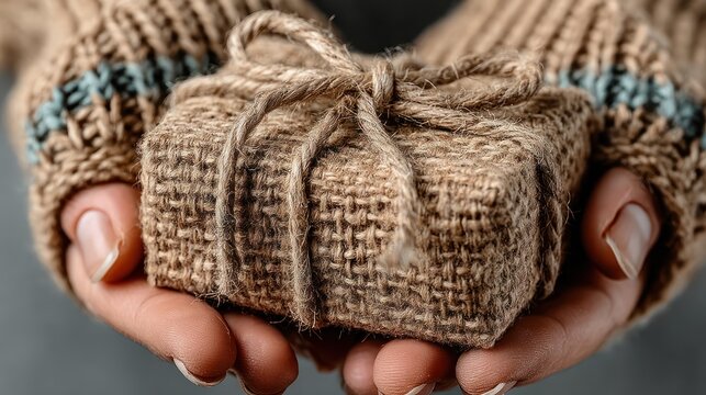 Close-up of gift wrapped in rustic burlap, tied with twine, held by a person in cozy knit gloves