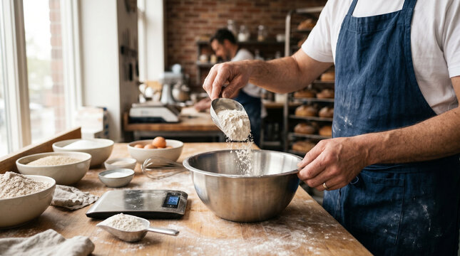 Baker meticulously measures flour into a mixing bowl in a rustic kitchen setting.