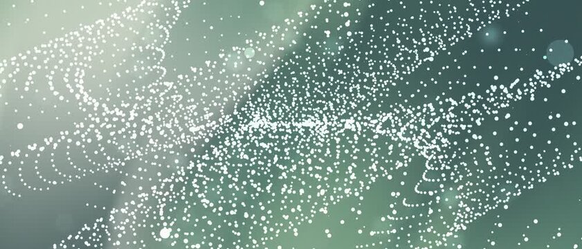 Glistening droplets drift through soft green hues. Light dances around translucent particles suspended in air. Abstract pattern evokes calm, serene, ethereal movement. Perfect for backgrounds