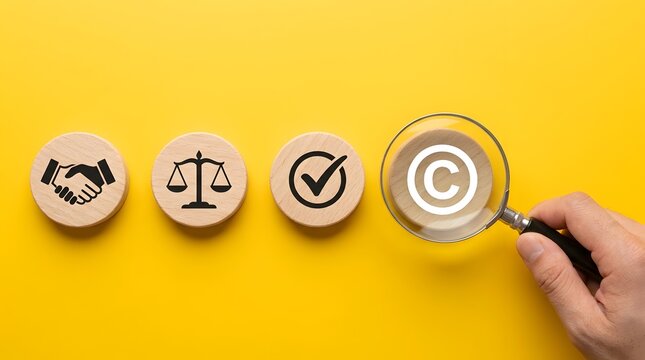 Businessman hand examining wooden copyright icon token with magnifying glass on yellow surface. Concept of digital asset licensing, legal business compliance, and intellectual property auditing.