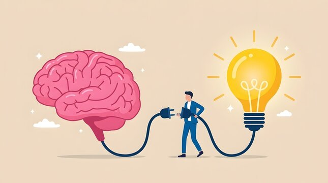 Businessman connecting power plug from pink brain to glowing yellow lightbulb. Concept of creative problem solving, artificial intelligence development, and strategic business innovation.