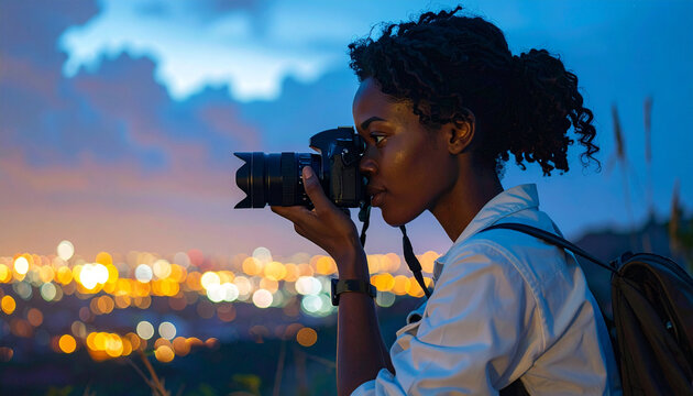 Woman Photographer Taking Pictures of City Skyline at Dusk
