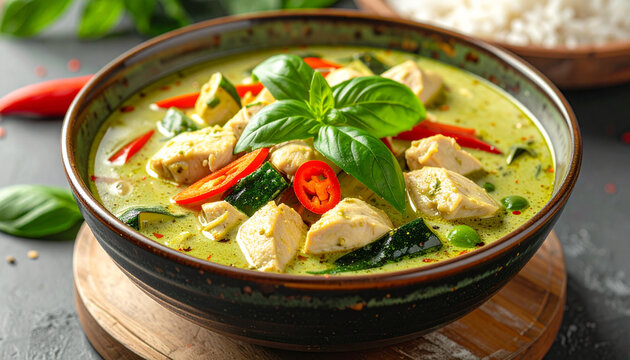 Spicy Thai Green Curry with Chicken and Basil in a Ceramic Bowl