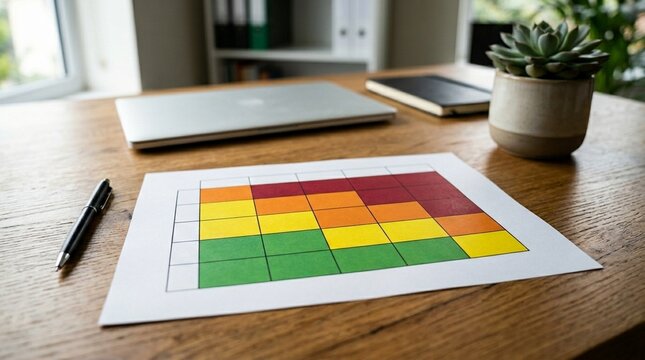 Risk assessment matrix printed on paper for corporate compliance and planning