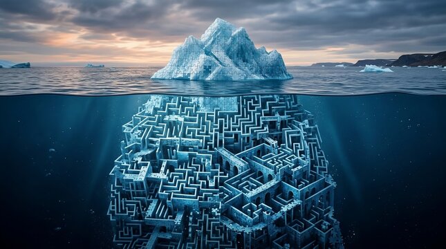Hidden Beneath the Surface &ndash; Iceberg Mind Maze Symbolizing Chronic Overthinking and Mental Complexity

