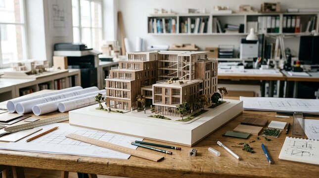 Architectural scale model on design table for construction and planning concept
