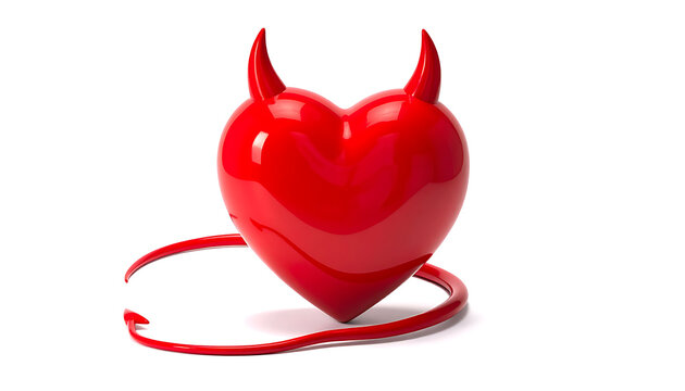 Red Devil Heart with Horns and Pointed Tail Isolated on White Background.
