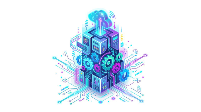 Isometric cloud computing server and database network vector icon