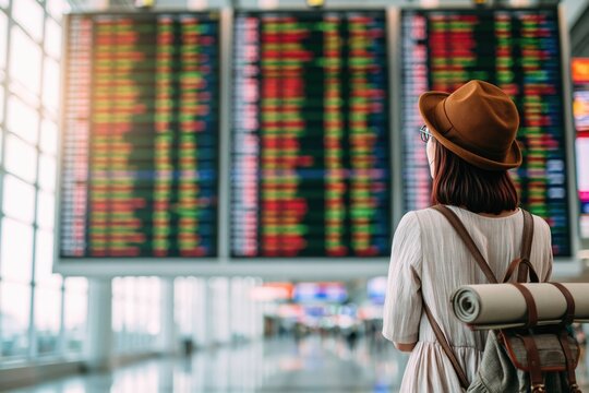 Traveler woman at airport terminal checking flight departure schedule on board
