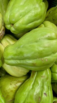 Close up panning shot of fresh green chayote squash pile texture background on display at local market