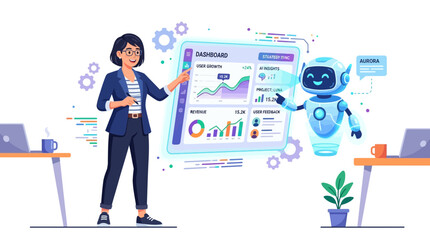 Obraz premium Professional Businesswoman and AI Robot Collaborating on Data Analysis and Digital Dashboard for Business Intelligence and Technological Innovation