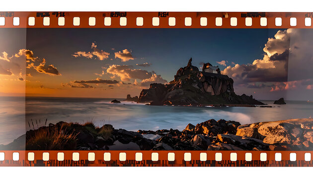 Panoramic landscape of rocky coastline at sunset captured on vintage thirty five millimeter film strip.