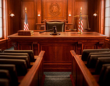 Elegant Courtroom Interior with Wooden Architecture and Judicial Seating