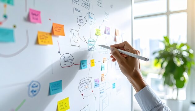 Hand sketching a complex mind map and flowcharts on a large whiteboard with sticky notes, planning and strategy session