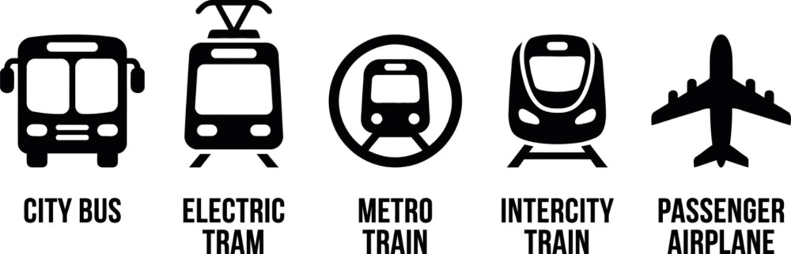 Flat Solid Public Transport Vector Icon Set with City Bus Electric Tram Metro Train Intercity Rail Airplane Symbols for Urban Mobility Transit App Infographic
