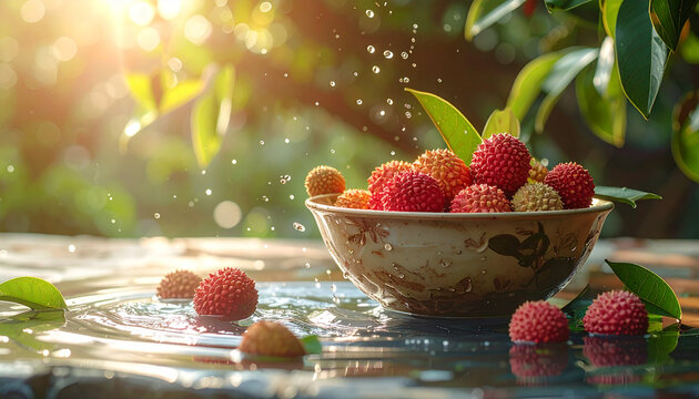 Fresh Lychee Fruit in Bowl with Sparkling Water Splashes