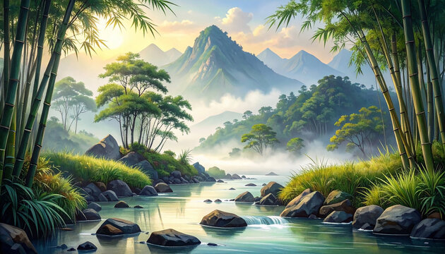Serene Asian Landscape with Bamboo Forest and Misty Mountains