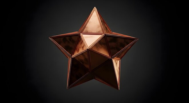 Star geometric shape crafted from polished copper metal stands against a dark background.
