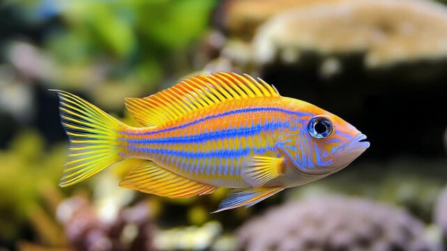 A vibrant fish swims against a blurry, colorful backdrop, showcasing intricate patterns of yellow, blue, and orange