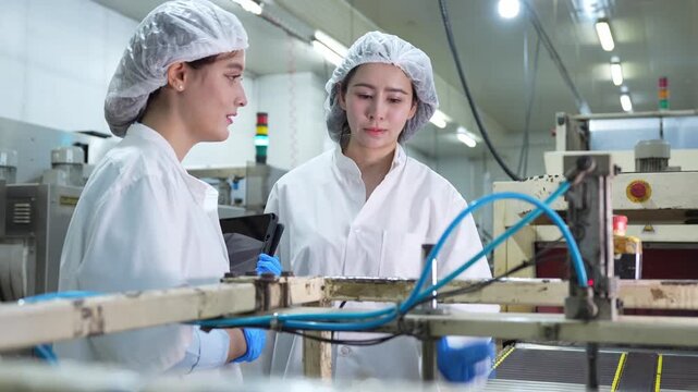 Professional team using digital tablet to monitor machinery and automation in modern production line, Technical staff in protective lab coats operating machine control board at food processing plant