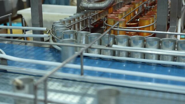 Food canning factory, Aluminum cans moving through industrial processing for fast-moving consumer goods