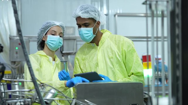 Quality assurance team inspecting canned food in manufacturing plant, Technical with clipboard working in sterile food factory, Food safety inspectors checking metal cans in canning production line