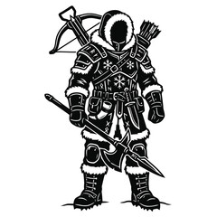 Obraz premium Monochrome vector illustration of a fantasy winter warrior in fur-lined armor wielding a large battle axe and carrying a crossbow on his back