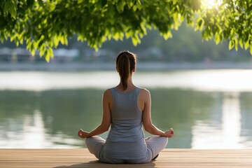 Fototapeta premium Yoga and meditation for a woman finding peace and serenity by a lake at sunset