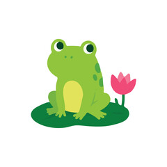 Fototapeta premium Cute Frog Sitting on Lotus Leaf Cartoon Green Toad Vector Illustration