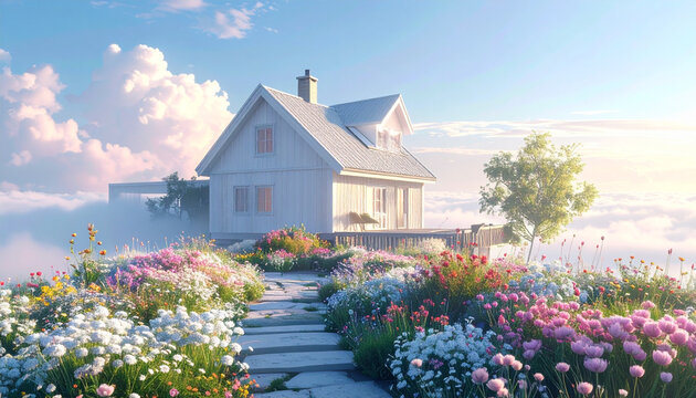 Dreamy white cottage above clouds with blooming flower garden
