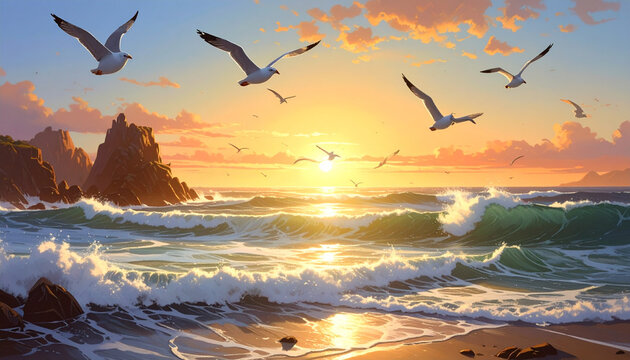 Seagulls Flying Over Crashing Waves at Sunset Coastal Landscape
