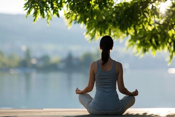 Fototapeta premium Yoga and meditation for mindfulness and wellness in a peaceful lake sunset scene