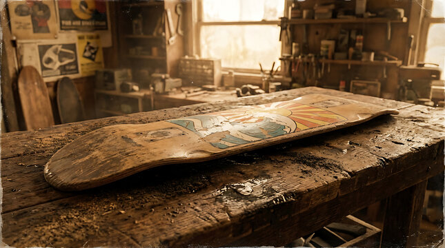 A vintage skateboard deck with colorful artwork rests on a rustic wooden workbench in a sunlit workshop.