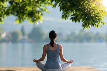 Fototapeta premium Meditation and yoga for a woman in nature finding peace and serenity by the lake